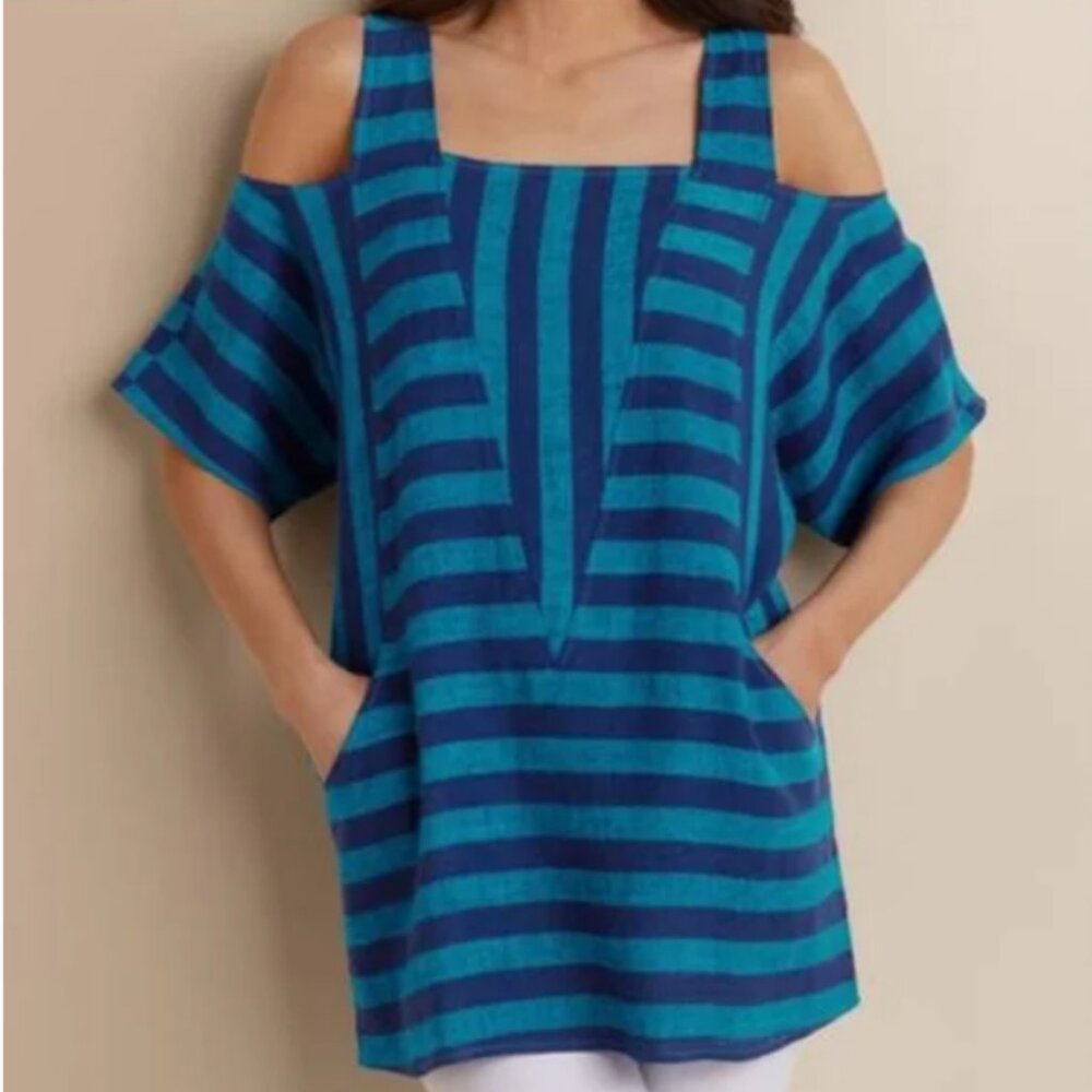 Soft Surroundings Sunset blue stripe cold shoulder linen tunic top S
